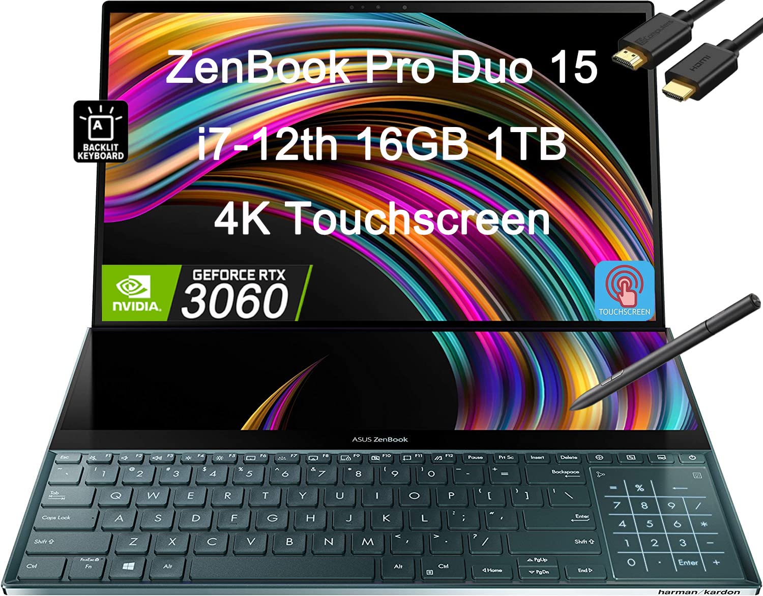 ASUS ZenBook Pro Duo 15 UX582 15.6" 4K OLED Touchscreen (Intel 14-Core i7-12700H, 16GB DDR5 RAM, 1TB SSD, GeForce RTX 3060 6GB) Business Laptop, ScreenPad Plus, Backlit, IST HDMI, Stylus, Win 11 Pro