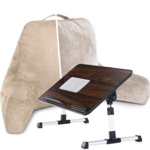 husband pillow combo - backrest pillow with arms : standard taupe & lap desk bed tray : brown - aspen memory foam reading pillows for bed & laptop bed tray table