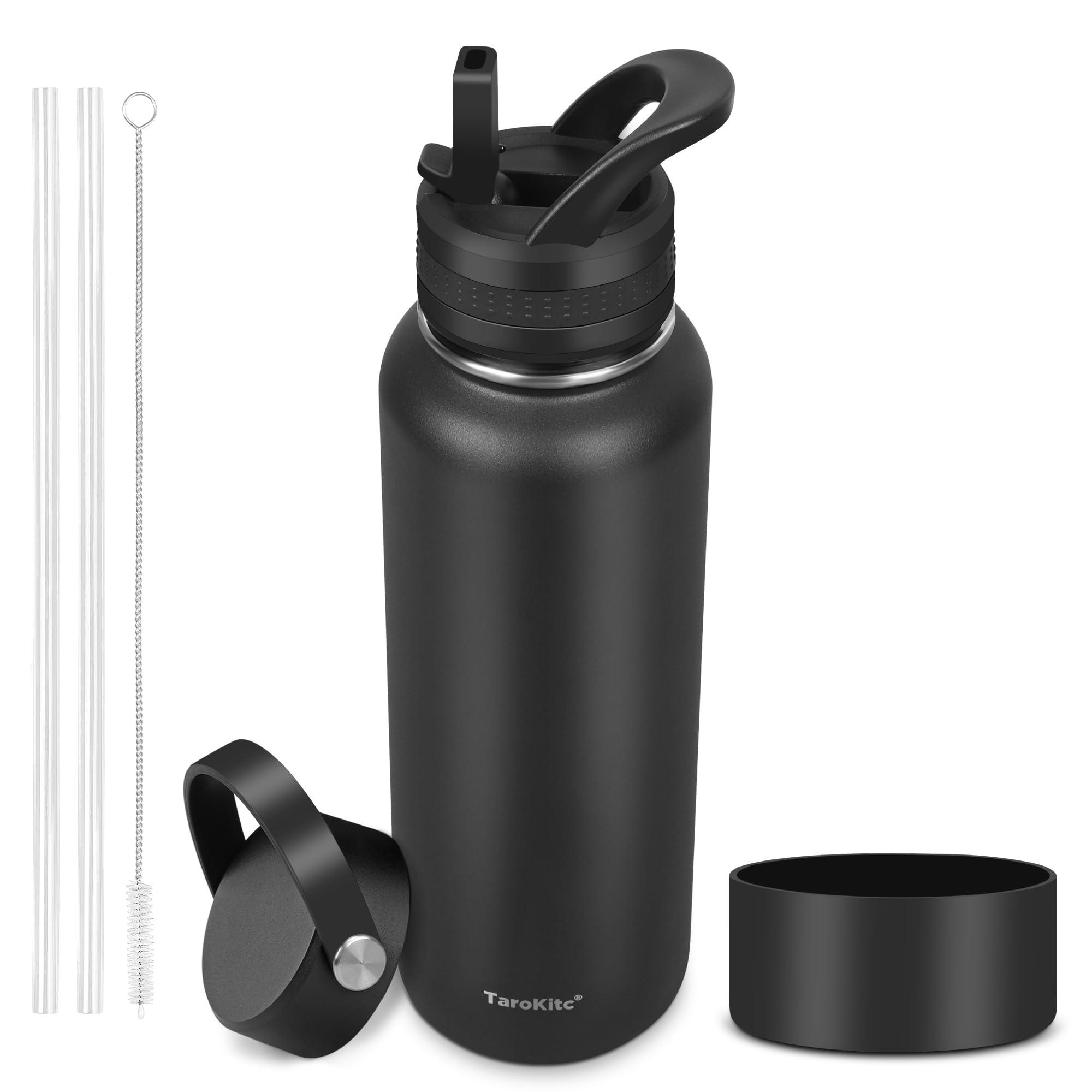 Water Bottle, 40 oz Insulated Water Bottle (Cold for 48 Hrs, Hot for 24 Hrs) - Vacuum Insulated Stainless Steel Water Bottle with Straw & Handle Lid - Wide Mouth, BPA Free, Leak Proof, Black