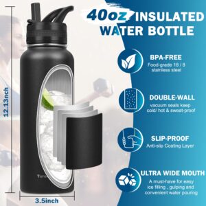 Water Bottle, 40 oz Insulated Water Bottle (Cold for 48 Hrs, Hot for 24 Hrs) - Vacuum Insulated Stainless Steel Water Bottle with Straw & Handle Lid - Wide Mouth, BPA Free, Leak Proof, Black