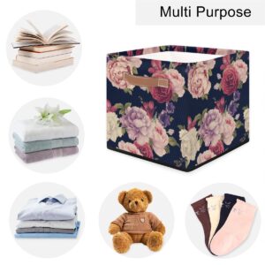 KOBLEN Peony Pattern Square Storage Basket Collapsible Storage Box Clothes Basket 13x13 Inch Large Cube Storage Bin With PU Leather Handle for Home Office Closet Shelves