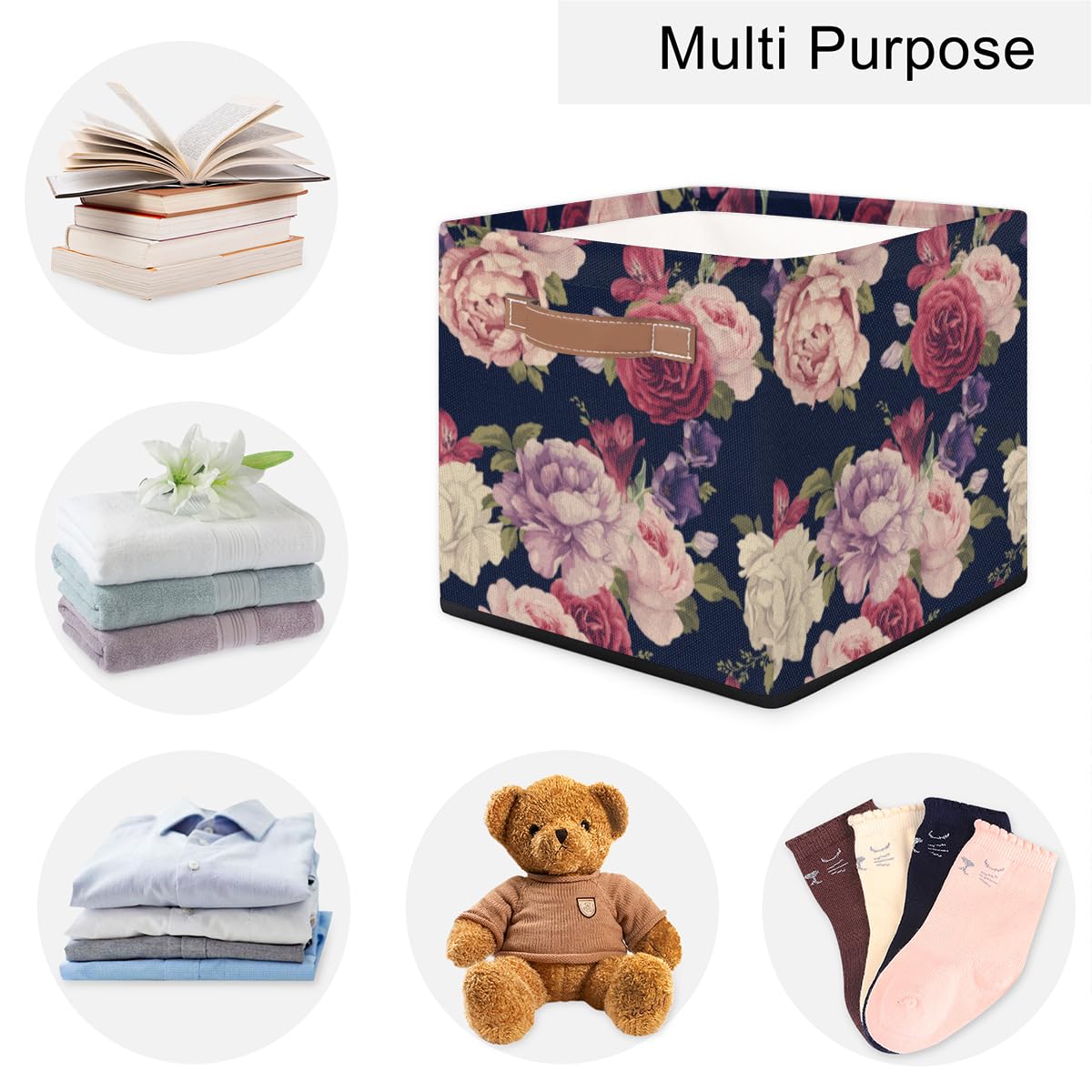 KOBLEN Peony Pattern Square Storage Basket Collapsible Storage Box Clothes Basket 13x13 Inch Large Cube Storage Bin With PU Leather Handle for Home Office Closet Shelves