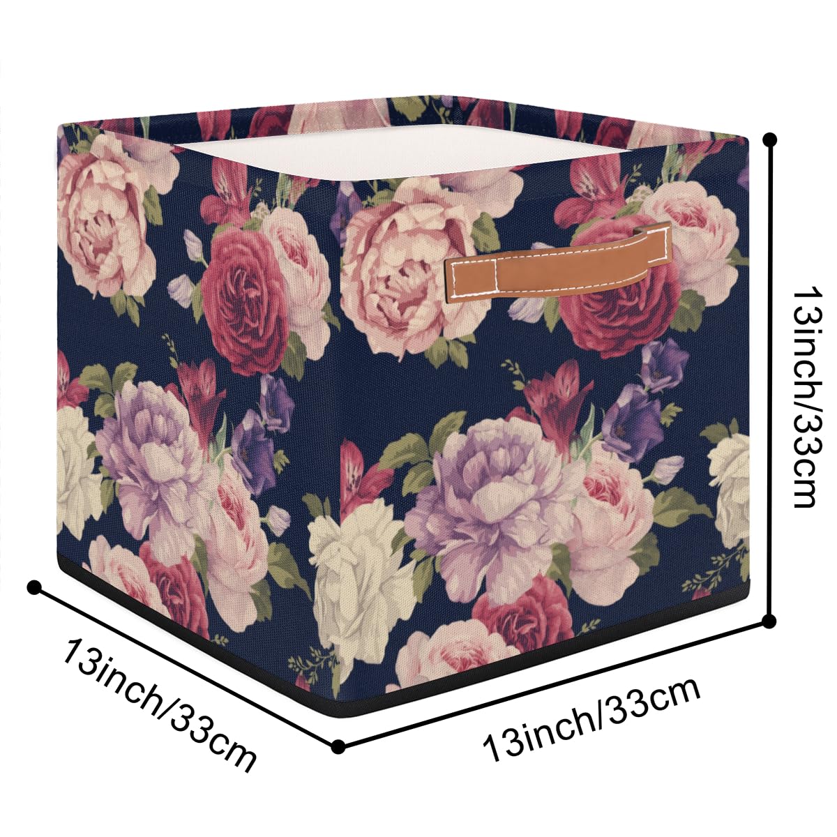 KOBLEN Peony Pattern Square Storage Basket Collapsible Storage Box Clothes Basket 13x13 Inch Large Cube Storage Bin With PU Leather Handle for Home Office Closet Shelves