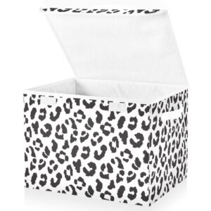 alaza collapsible large storage bin with lid, black white leopard foldable storage cube box organizer basket with handles, clothes blanket box for shelves, closet, nursery, playroom