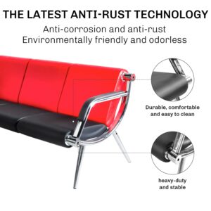 Waiting Room Bench with Armrest 3 Seat Red Black PU Leather Office Furniture Guest Seating Lobby Conference Reception Chair Visitor Guest Sofa for Office Airport Clinic Hospital Bank Salon Barber