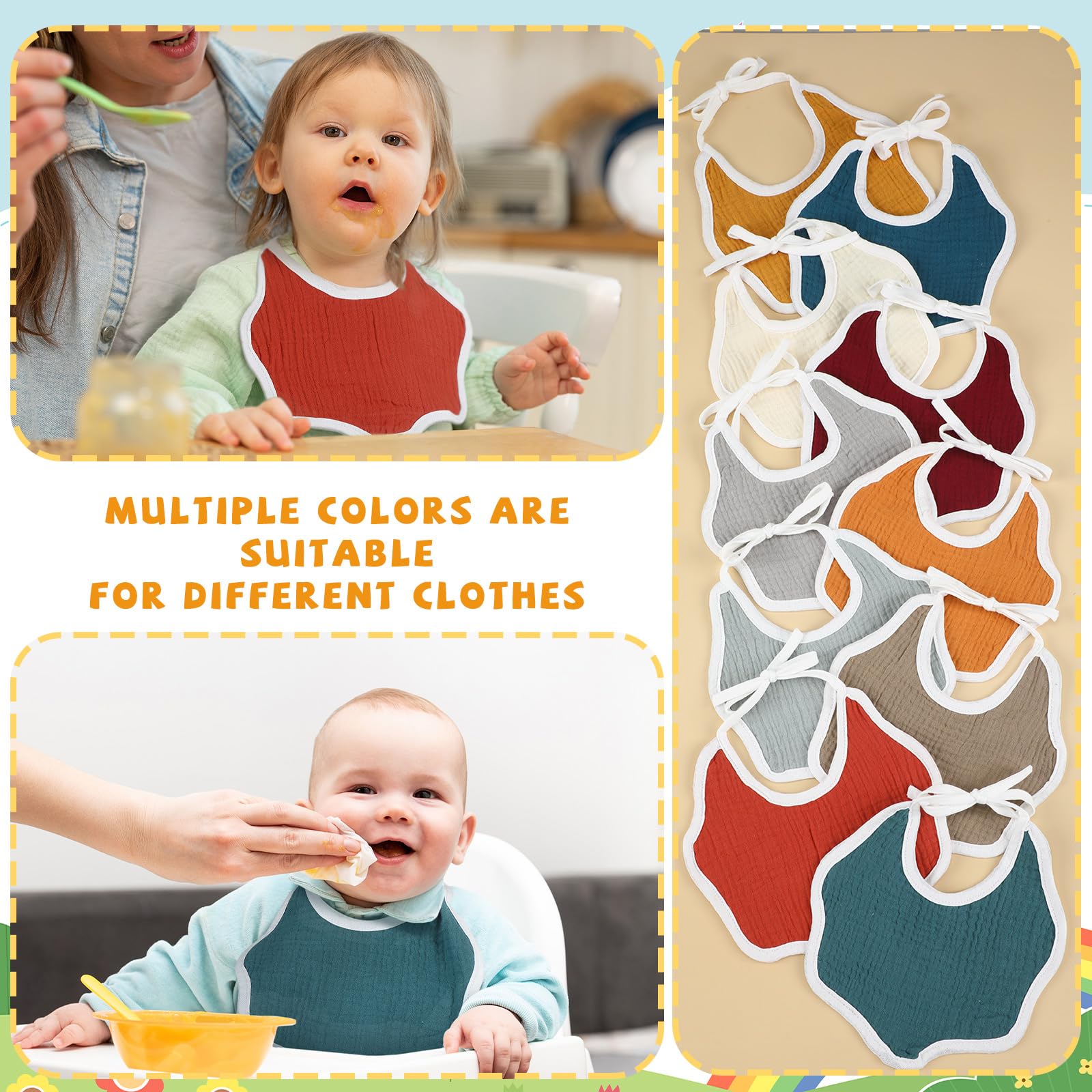 Liitrsh 10 Pcs Baby Bibs Drool Teething Muslin Bibs Adjustable with Ties Soft Absorbent Cotton Unisex Cloth Newborn Bibs Solid Colors for Toddler Infant Boys Girls Spit up