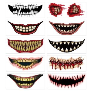 kstbjn halloween temporary tattoos, horror mouth halloween temporary stickers 10 sheets prank makeup face decals halloween clown bloody mouth fake tattoos prank props for halloween party decorations