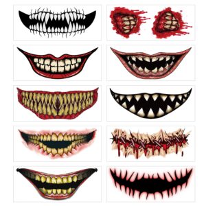 KSTBJN Halloween Temporary Tattoos, Horror Mouth Halloween Temporary Stickers 10 Sheets Prank Makeup Face Decals Halloween Clown Bloody Mouth Fake Tattoos Prank Props for Halloween Party Decorations