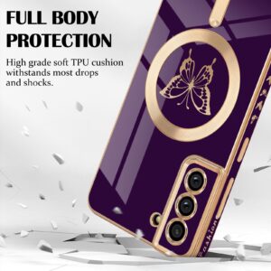 Newseego for Samsung Galaxy S21 Plus 5G Magnetic Case, Cute Butterfly Plating Edge Case with MagSafe for Women Girls Men Soft TPU Bumper Shockproof Protective Cover for Samsung Galaxy S21 Plus-Purple