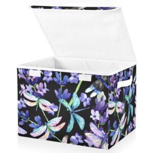 alaza collapsible large storage bin with lid, lavender dragonfly foldable storage cube box organizer basket with handles, clothes blanket box for shelves, closet, nursery, playroom