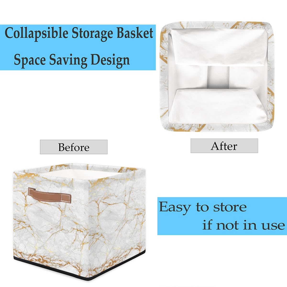 KOBLEN Marble Golden Square Storage Basket Collapsible Storage Box Clothes Basket 13x13 Inch Large Cube Storage Bin With PU Leather Handle for Home Office Closet Shelves