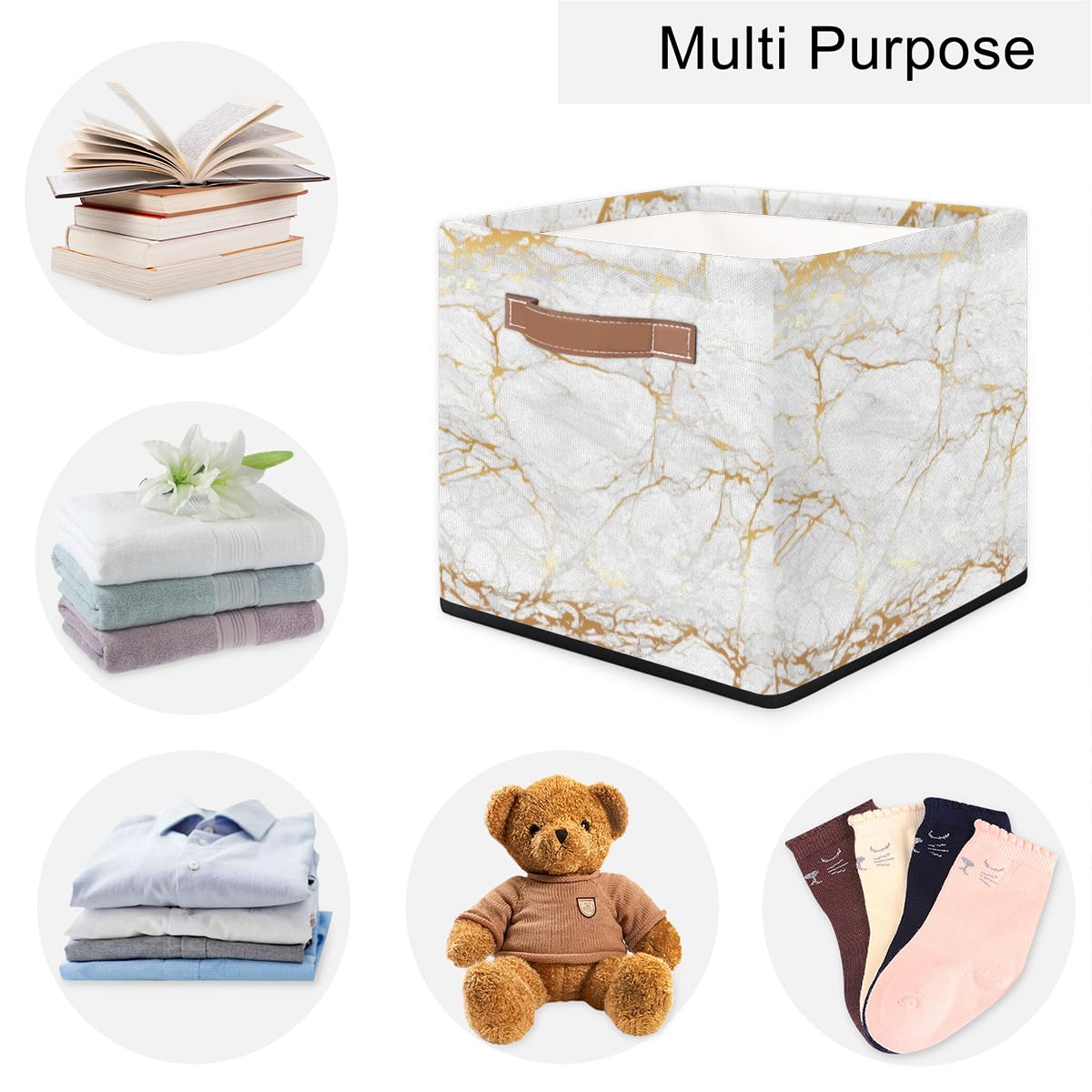 KOBLEN Marble Golden Square Storage Basket Collapsible Storage Box Clothes Basket 13x13 Inch Large Cube Storage Bin With PU Leather Handle for Home Office Closet Shelves