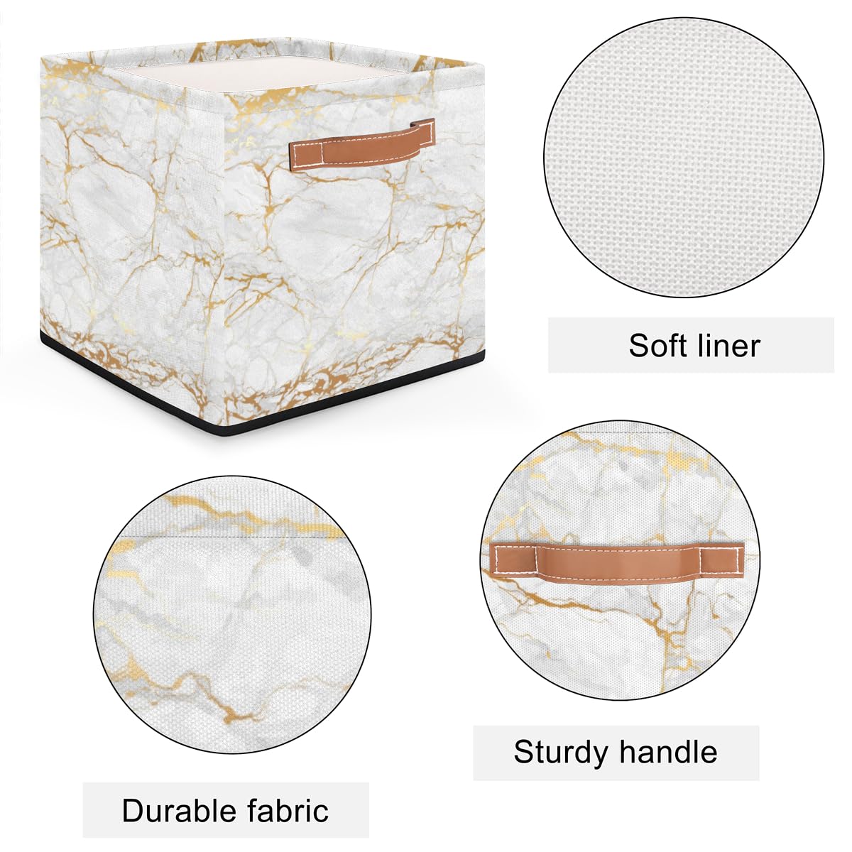KOBLEN Marble Golden Square Storage Basket Collapsible Storage Box Clothes Basket 13x13 Inch Large Cube Storage Bin With PU Leather Handle for Home Office Closet Shelves