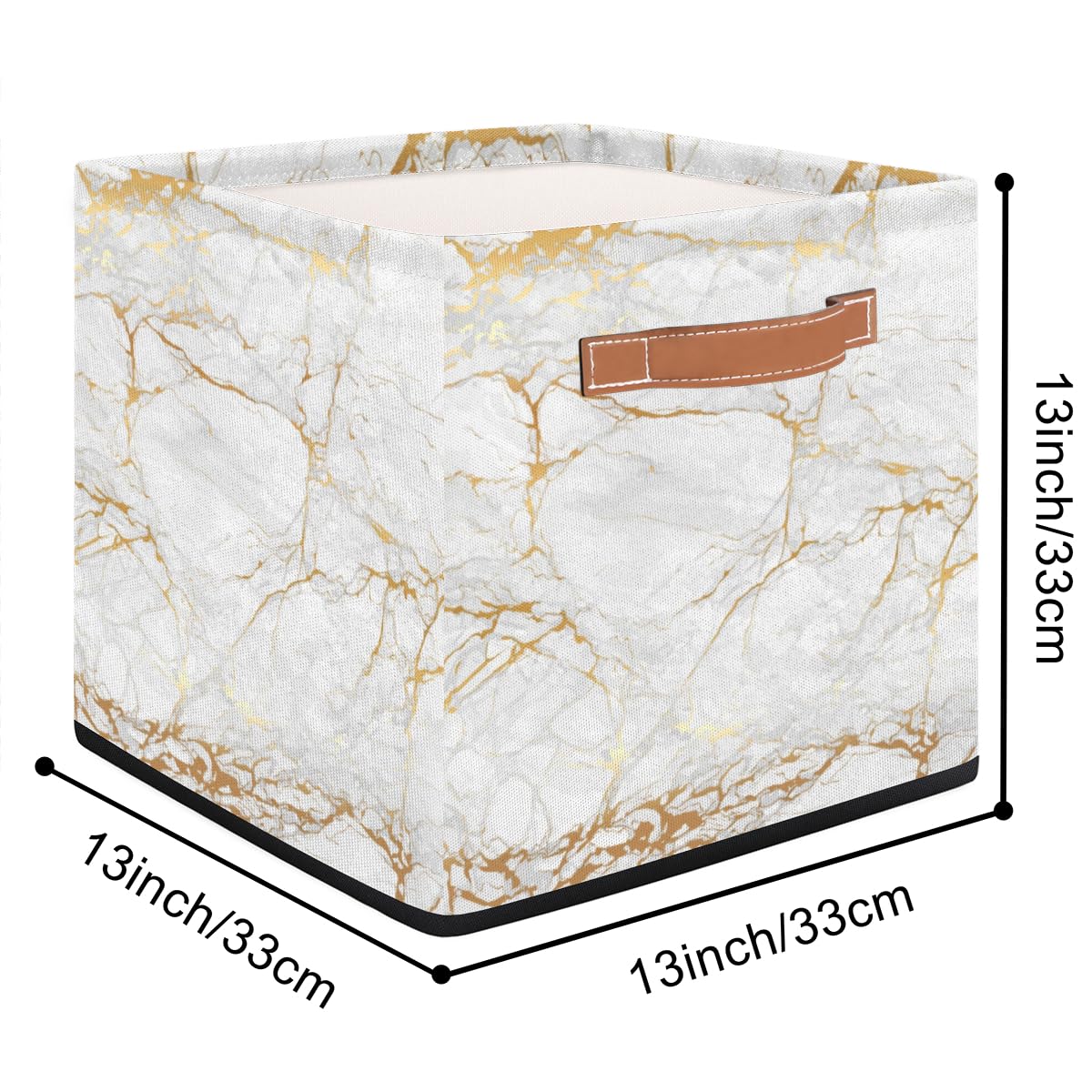 KOBLEN Marble Golden Square Storage Basket Collapsible Storage Box Clothes Basket 13x13 Inch Large Cube Storage Bin With PU Leather Handle for Home Office Closet Shelves