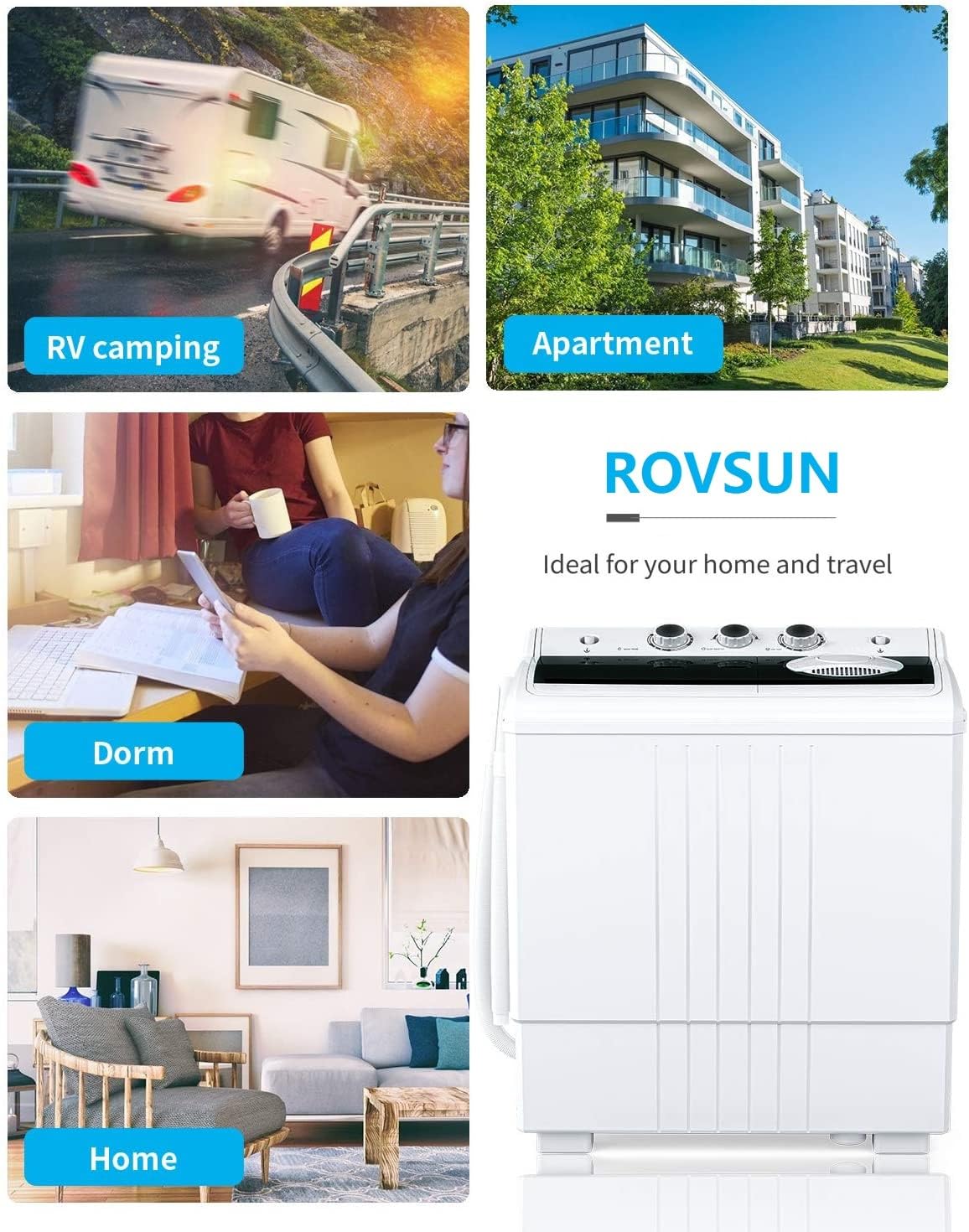 ROVSUN 21LBS Portable Washing Machine, Washer(14LBS) and Spinner(7LBS), Mini Compact Twin Tub Washer and Dryer Combo with Pump Draining, Great for Dorms Apartments RV Camping (White & Black)