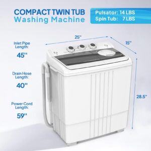 ROVSUN 21LBS Portable Washing Machine, Washer(14LBS) and Spinner(7LBS), Mini Compact Twin Tub Washer and Dryer Combo with Pump Draining, Great for Dorms Apartments RV Camping (White & Black)