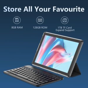 ECOPAD 2023 Android Tablet with Keyboard, Android 13 Tablet 8GB RAM 128GB ROM 1TB Expandable,10" Inch IPS 1280 * 800 Android Tablet with 2.4GHZ WiFi,BT 5.0 (Black)