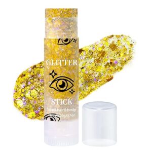 ybuete face body glitter stick, singer concerts festival music rave body glitter, rotating mermaid sequins chunky glitter, holographic glitter, waterproof and long lasting sparkling, 03# gold