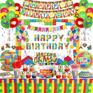 179pcs building block birthday party supplies for 10 guests, party decorations includes backdrop, banner, latex balloons, tableware, cupcake toppers, hanging swirls, tablecloth, invitation cards,