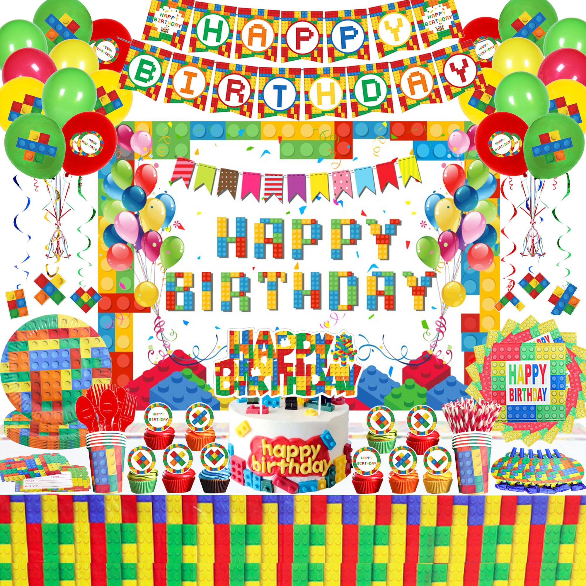 179Pcs Building Block Birthday Party Supplies for 10 Guests, Party Decorations Includes Backdrop, Banner, Latex Balloons, Tableware, Cupcake Toppers, Hanging Swirls, Tablecloth, Invitation Cards,