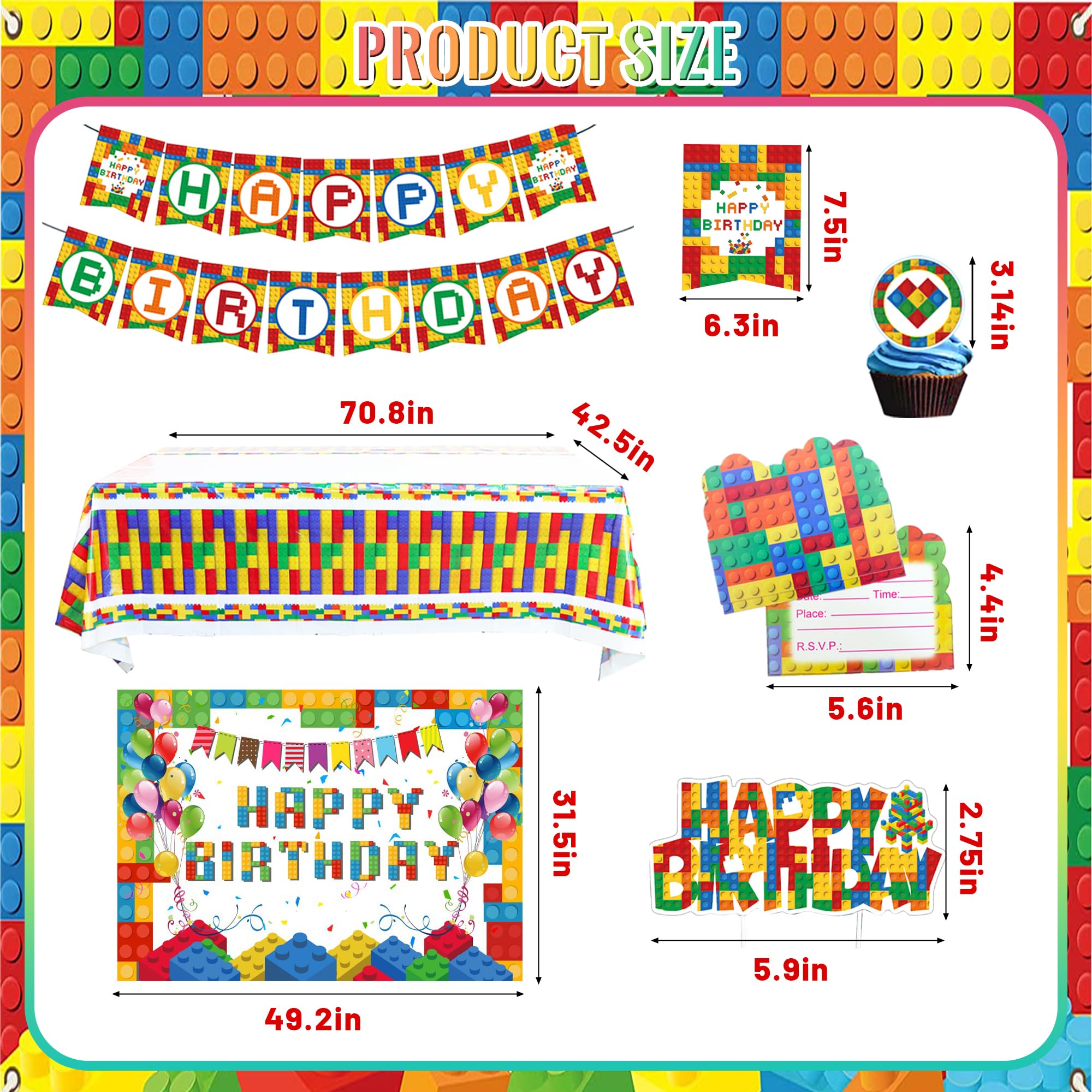 179Pcs Building Block Birthday Party Supplies for 10 Guests, Party Decorations Includes Backdrop, Banner, Latex Balloons, Tableware, Cupcake Toppers, Hanging Swirls, Tablecloth, Invitation Cards,