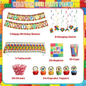 179Pcs Building Block Birthday Party Supplies for 10 Guests, Party Decorations Includes Backdrop, Banner, Latex Balloons, Tableware, Cupcake Toppers, Hanging Swirls, Tablecloth, Invitation Cards,