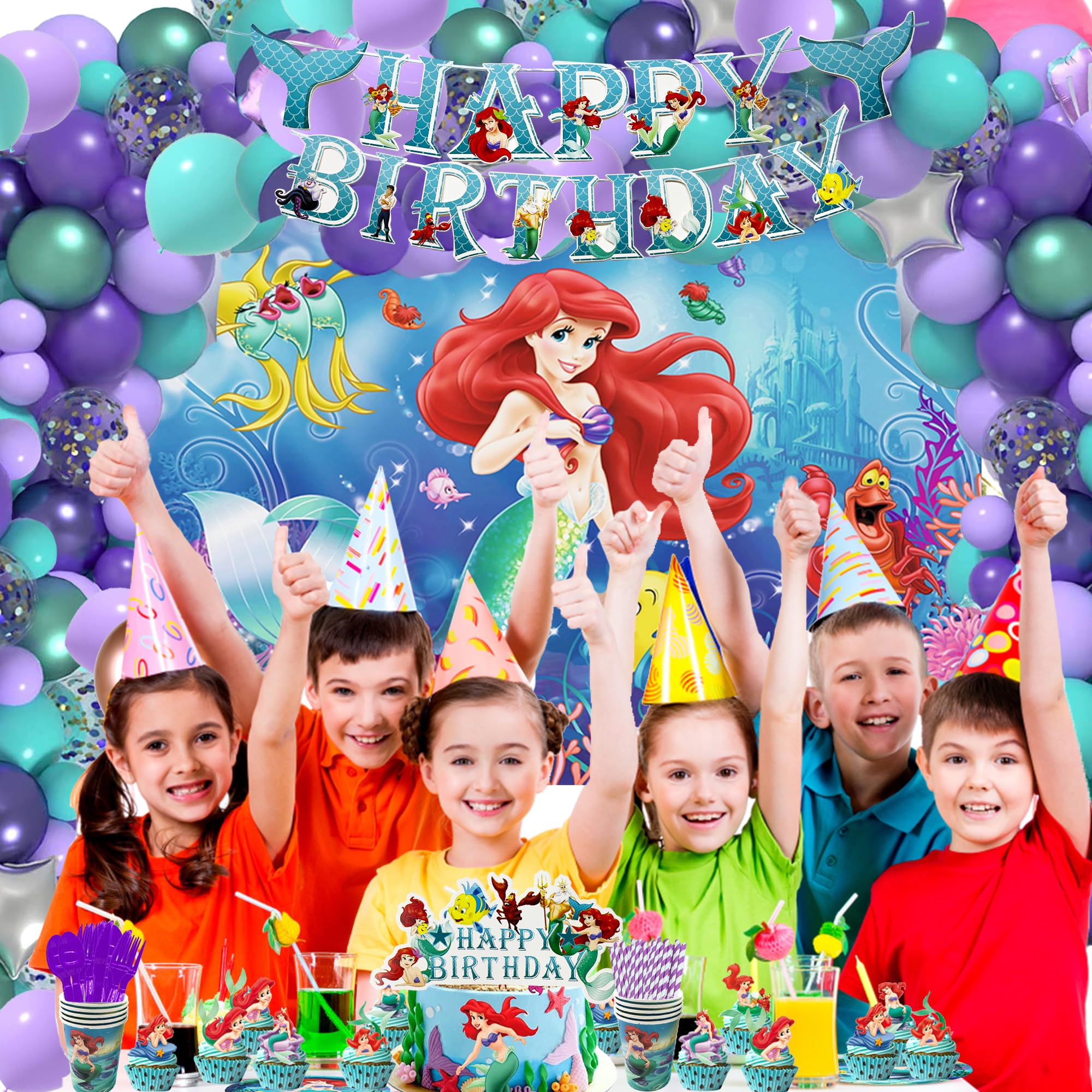 260 PCS Little Mermaid Birthday Party Supplies, Mermaid Birthday Party Decorations, Included Happy Birthday Banner, Cake & Cupcake Topper, Balloons, Invitation Cards,Backdrop, Tableware and Stickers