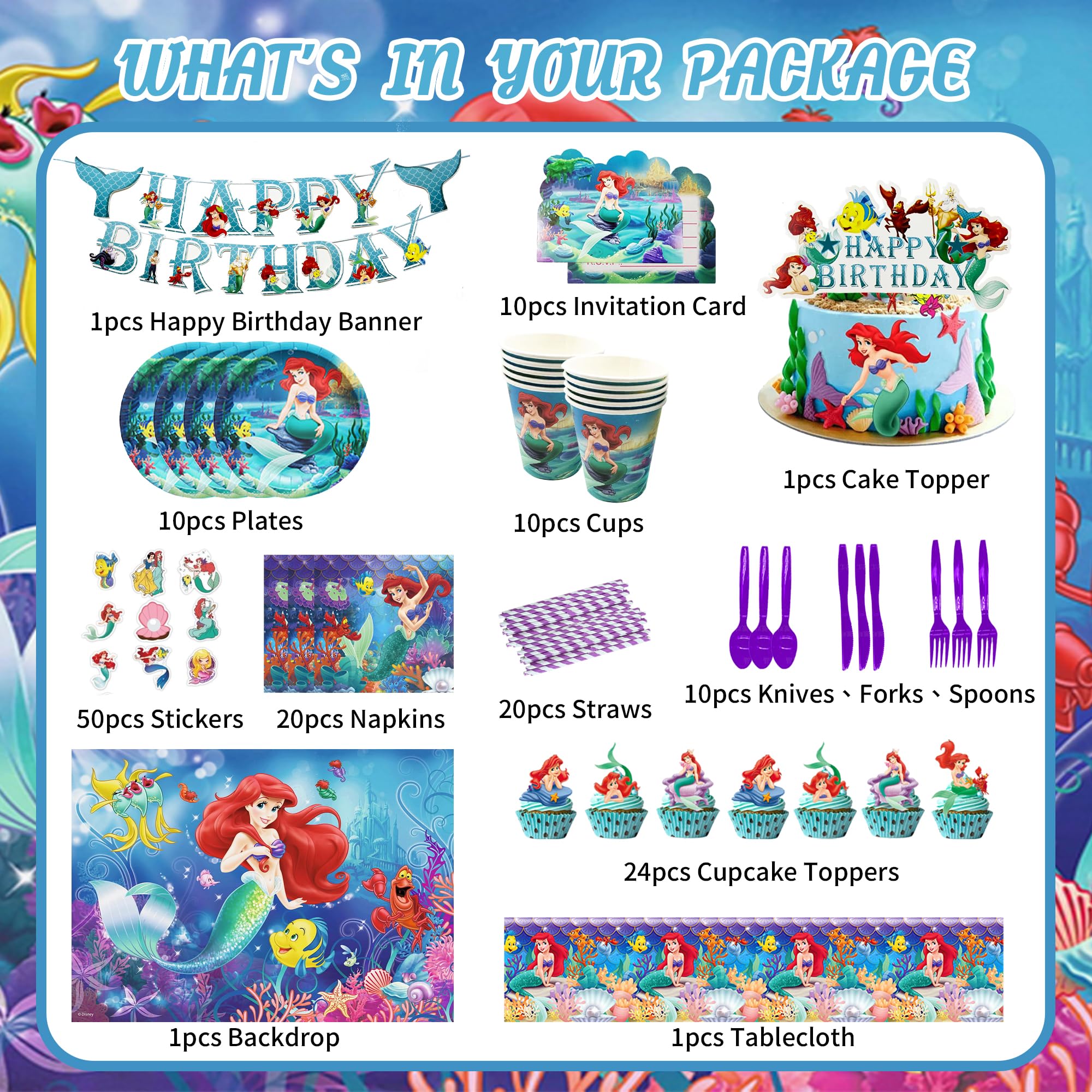 260 PCS Little Mermaid Birthday Party Supplies, Mermaid Birthday Party Decorations, Included Happy Birthday Banner, Cake & Cupcake Topper, Balloons, Invitation Cards,Backdrop, Tableware and Stickers
