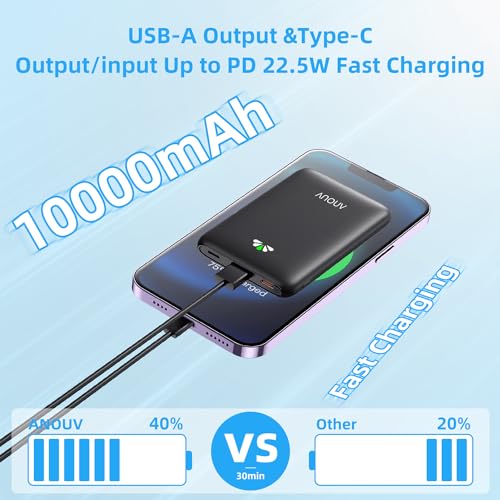 ANOUV Portable Charger - Mini Power Bank 10000mAh, PD 22.5W Fast Charging Small External Battery Pack with PD 3.0 & QC 3.0, USB-C Ultra Slim Portable Phone Charger Competible with iPhone, Sumsang,etc