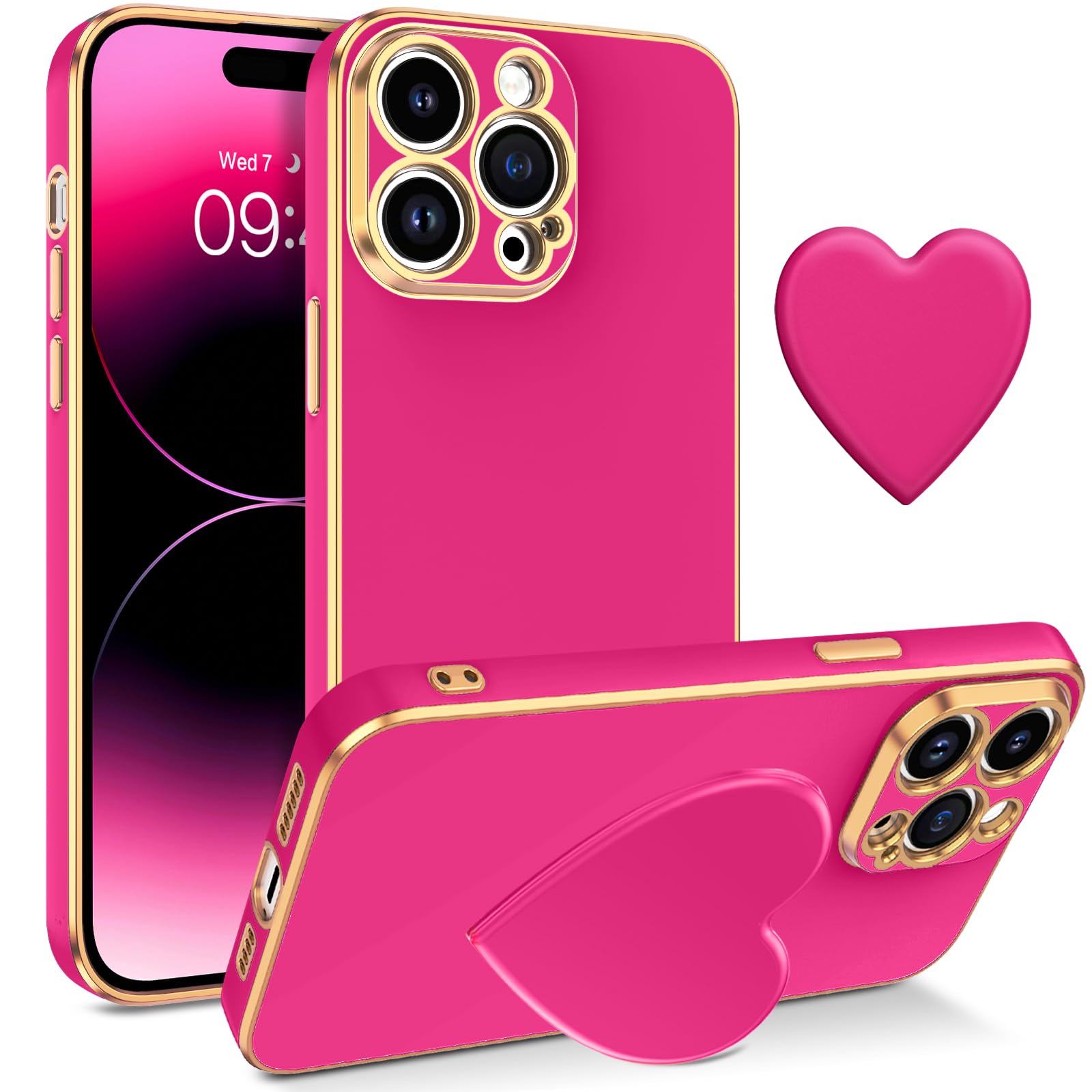 Telaso iPhone 14 Pro Max Case, Hot Pink, Cellular Phone Case with Love Heart Kickstand Holder, Full Protection for Women