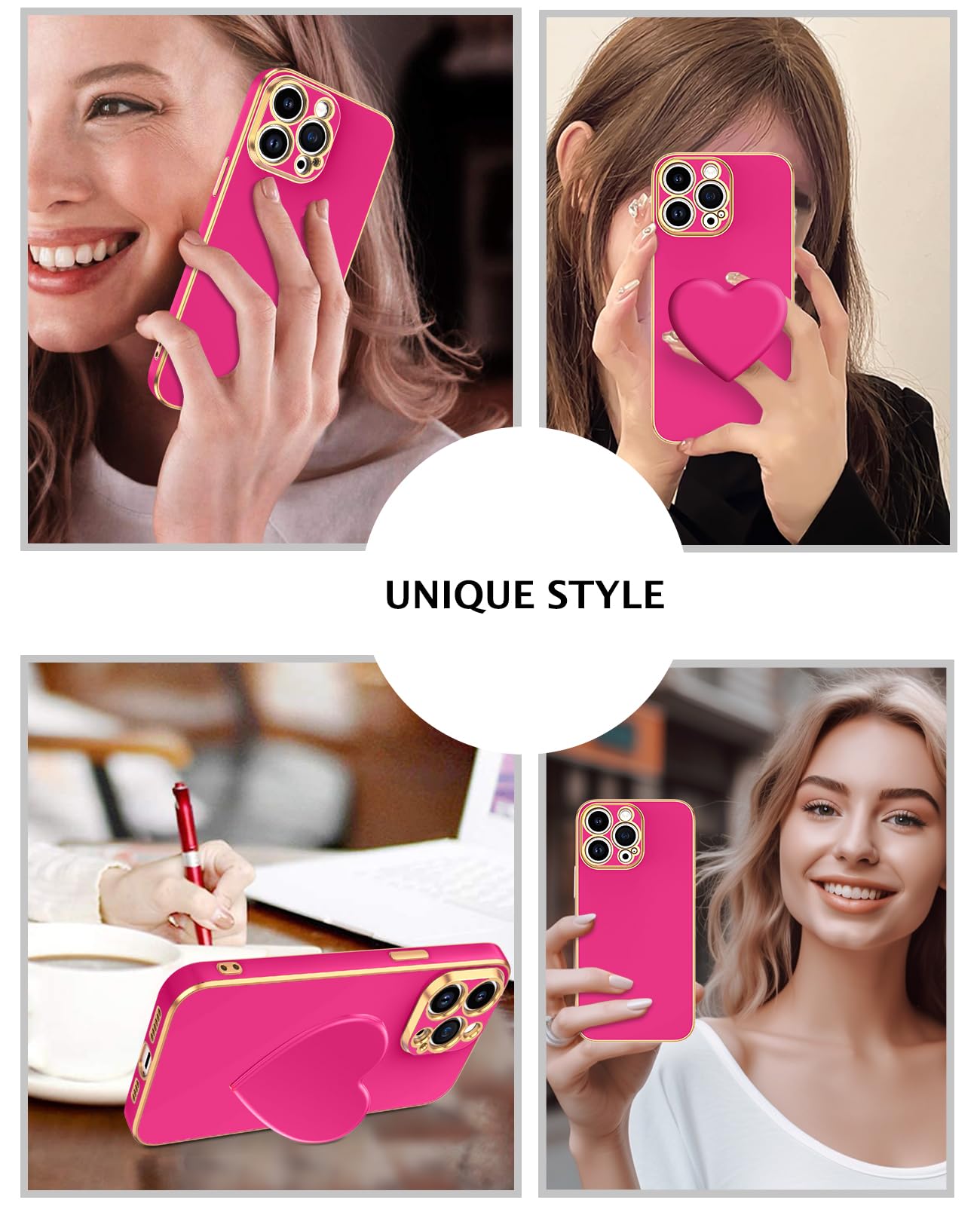 Telaso iPhone 14 Pro Max Case, Hot Pink, Cellular Phone Case with Love Heart Kickstand Holder, Full Protection for Women