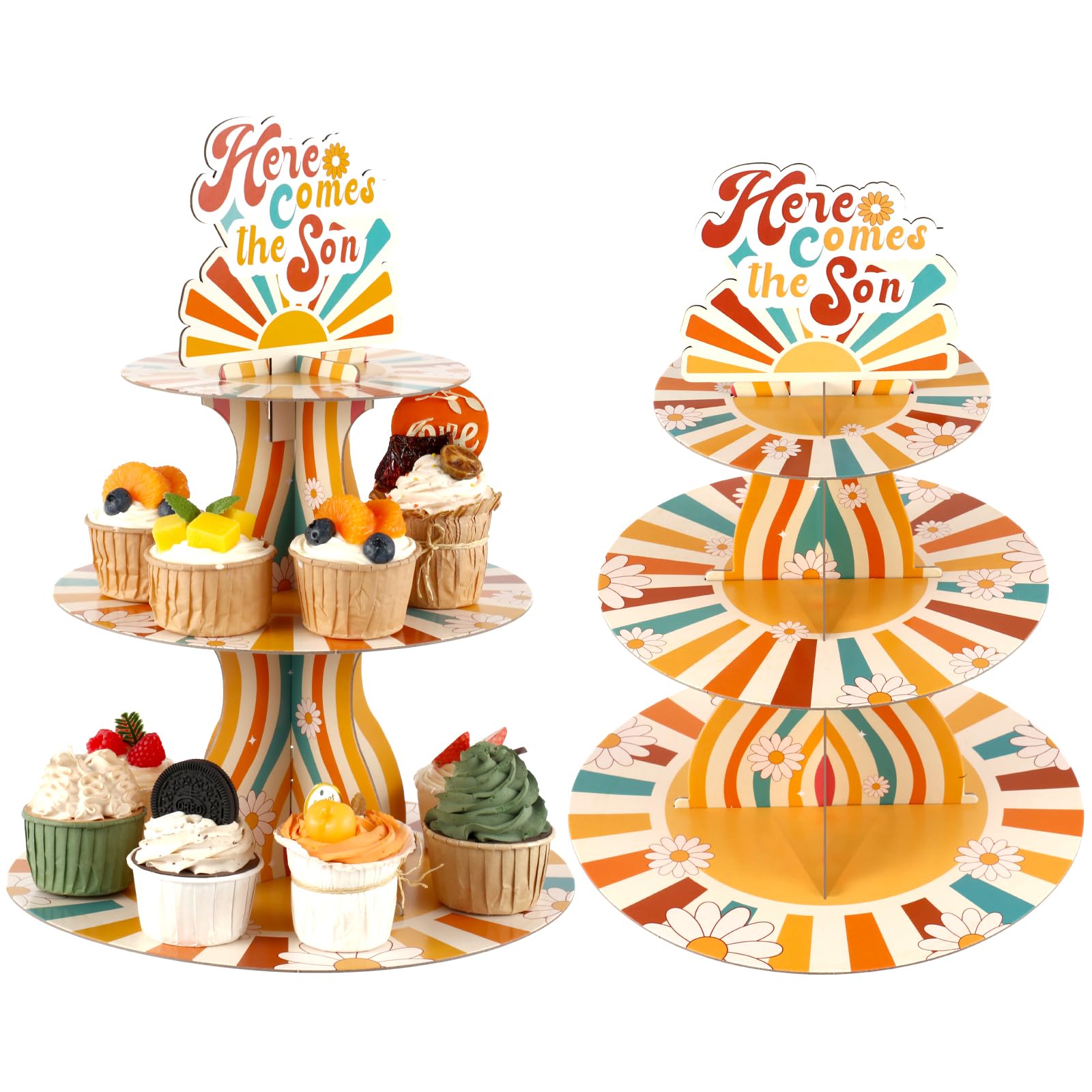 Here Comes the Son Baby Shower Decorations Cupcake Stand 3 Tier Baby Shower Cupcake Stand Here Comes the Son Baby Shower Supplies for Boho Baby Shower Gender Reveal Birthday Party Supplies