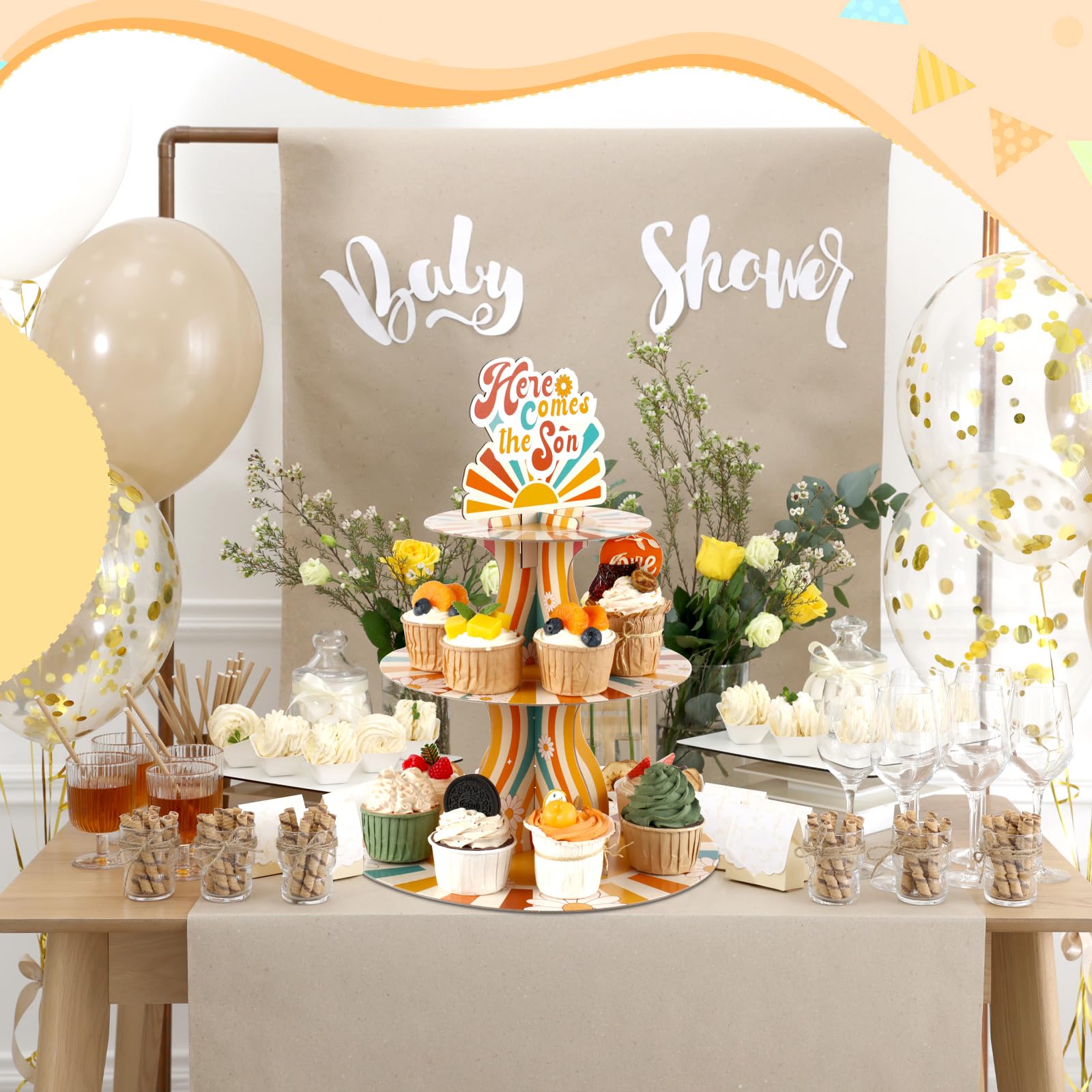 Here Comes the Son Baby Shower Decorations Cupcake Stand 3 Tier Baby Shower Cupcake Stand Here Comes the Son Baby Shower Supplies for Boho Baby Shower Gender Reveal Birthday Party Supplies