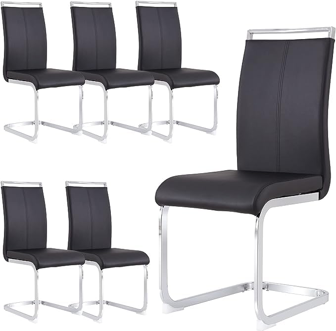 Btikita Modern Dining Chairs Set of 6, Faux Leather High Back Side Chairs Stylish Armless Chair with C-Shaped Tube Chrome Metal Legs for Dining Room Kitchen Office (Set of 6, Light Grey)