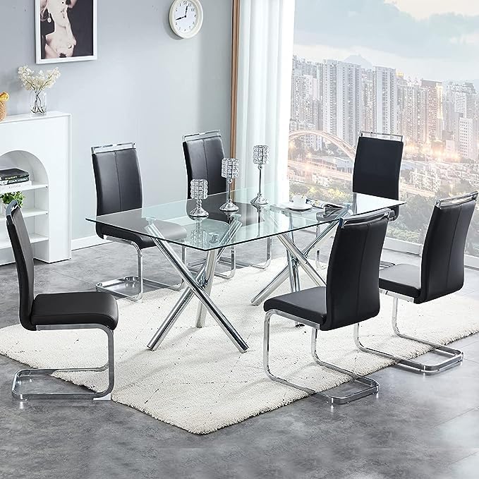 Btikita Modern Dining Chairs Set of 6, Faux Leather High Back Side Chairs Stylish Armless Chair with C-Shaped Tube Chrome Metal Legs for Dining Room Kitchen Office (Set of 6, Light Grey)