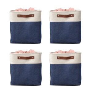 jossens 11 inch fabric baskets with leather handles,foldable cubes storage bins set of 4 for cube organizer home toy nursery closet bedroom (blue)