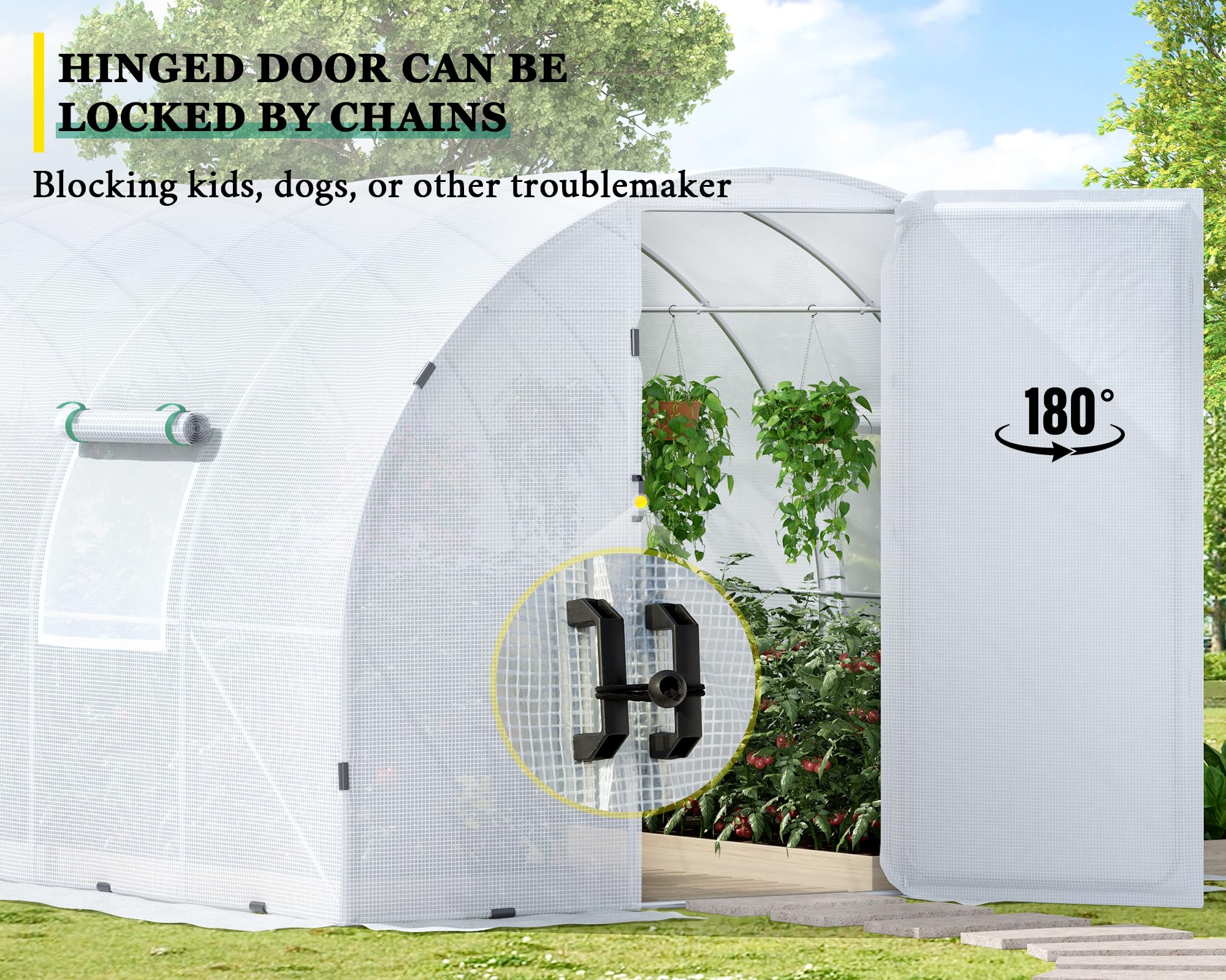 Papababe 20x10x7.5 FT Extra high Large Walk-in Greenhouse for Outdoors, Upgraded Swing Door, Heavy Duty Galvanized Steel Frame Tunnel Greenhouse kit, Reinforced PE Cover & Film Clips, White