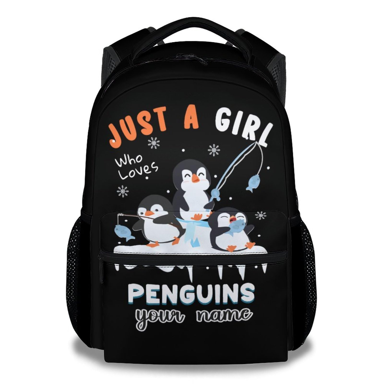 BEOIIBIRD Custom Penguin Backpack for Girls, 16 Inch Black Backpacks for School, Cute Lightweight Bookbag for Kids