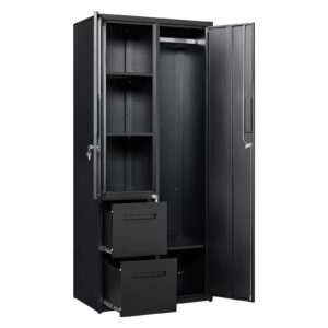 peukc metal storage cabinets with locking doors, 67" freestanding clothing coat storage wardrobe lockers for office, home, school, garage, gym (black)