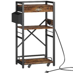 Homeiju 3-Tier Printer Stand with Storage Drawer,Large Tall Printer Table with Power Outlet,Side Pocket and Adjustable Shelf for Home Office,Stand Cart for Computer PC Tower CPU Shredder,Rustic Brown