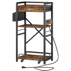 Homeiju 3-Tier Printer Stand with Storage Drawer,Large Tall Printer Table with Power Outlet,Side Pocket and Adjustable Shelf for Home Office,Stand Cart for Computer PC Tower CPU Shredder,Rustic Brown