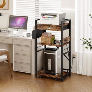 Homeiju 3-Tier Printer Stand with Storage Drawer,Large Tall Printer Table with Power Outlet,Side Pocket and Adjustable Shelf for Home Office,Stand Cart for Computer PC Tower CPU Shredder,Rustic Brown