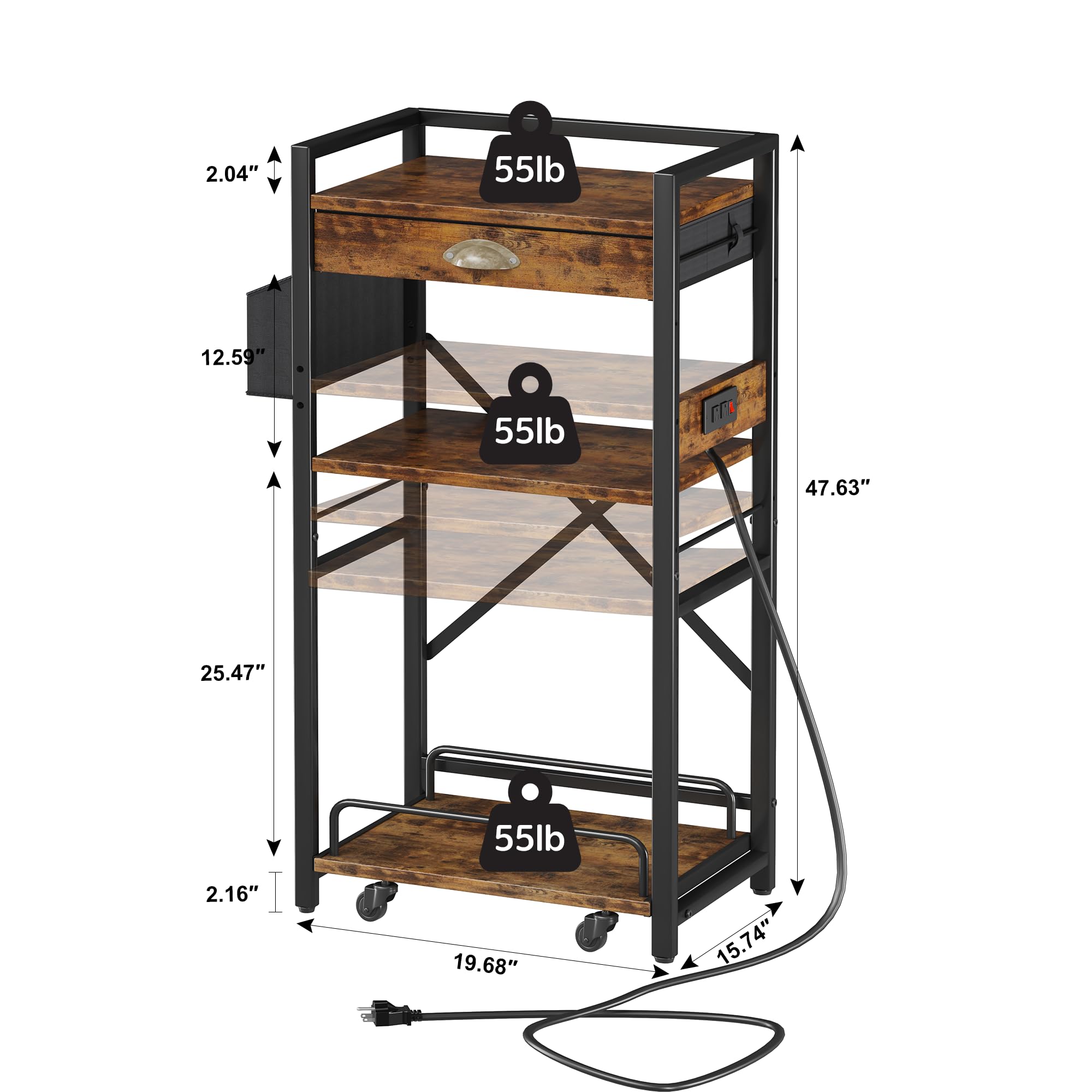 Homeiju 3-Tier Printer Stand with Storage Drawer,Large Tall Printer Table with Power Outlet,Side Pocket and Adjustable Shelf for Home Office,Stand Cart for Computer PC Tower CPU Shredder,Rustic Brown