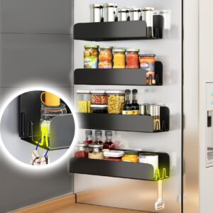 Magnetic Spice Rack for Refrigerator, Magnetic Shelf Fridge Spice Rack Organizer 4 Pack with 16 Hooks, Moveable Strong Magnetic Seasoning Organizer and Shelf for Kitchen Refrigerator Microwave