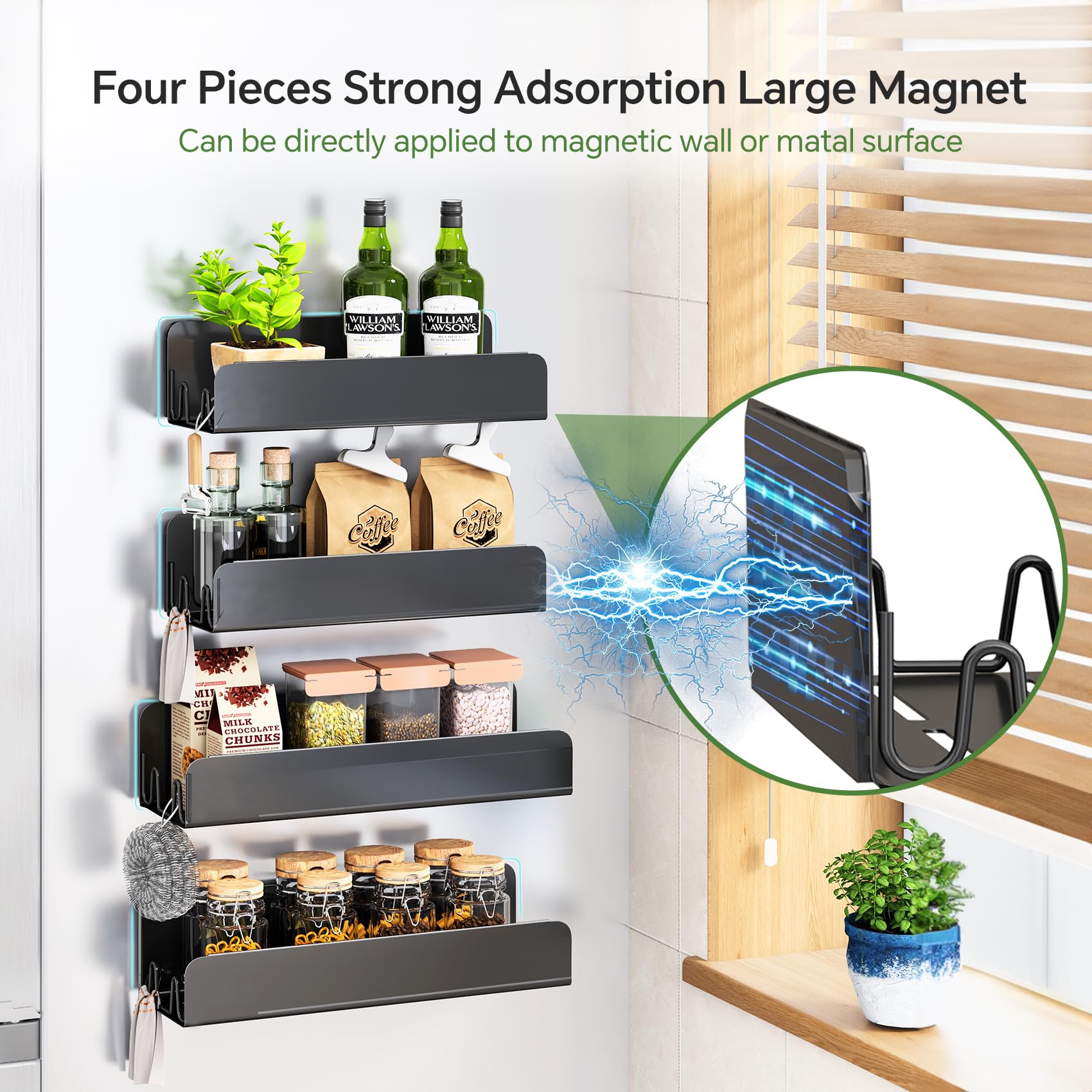 Magnetic Spice Rack for Refrigerator, Magnetic Shelf Fridge Spice Rack Organizer 4 Pack with 16 Hooks, Moveable Strong Magnetic Seasoning Organizer and Shelf for Kitchen Refrigerator Microwave