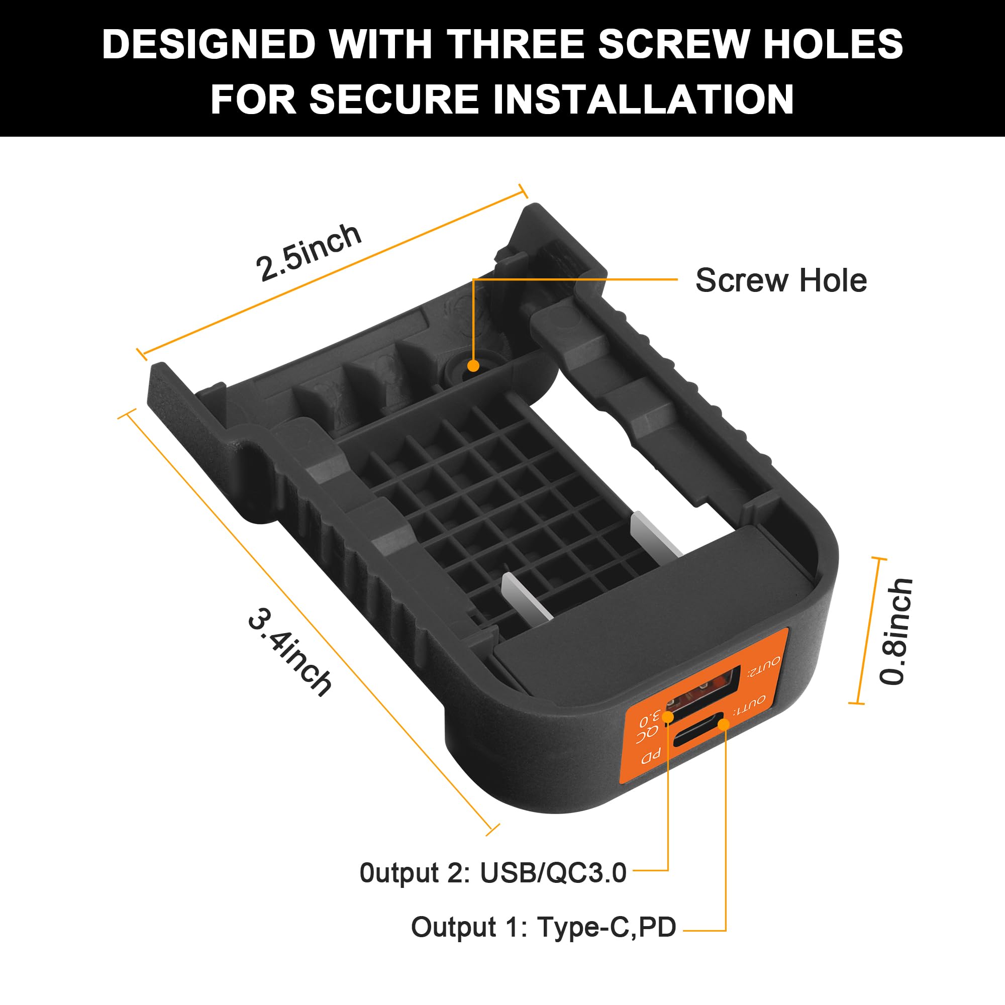 Xinriga 2 Packs Black USB Charger Adapter, Compatible with Dewalt 20V 60V Max Battery, with Type-C Fast Charging and USB Ports (Adapter Only)