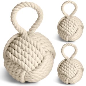 tenceur 3 pcs 3 lbs decorative door stop rope knot with handle 6 inch nautical fabric door stopper twisted knot cotton weighted interior doorstop for door window bookend dog toys, ivory