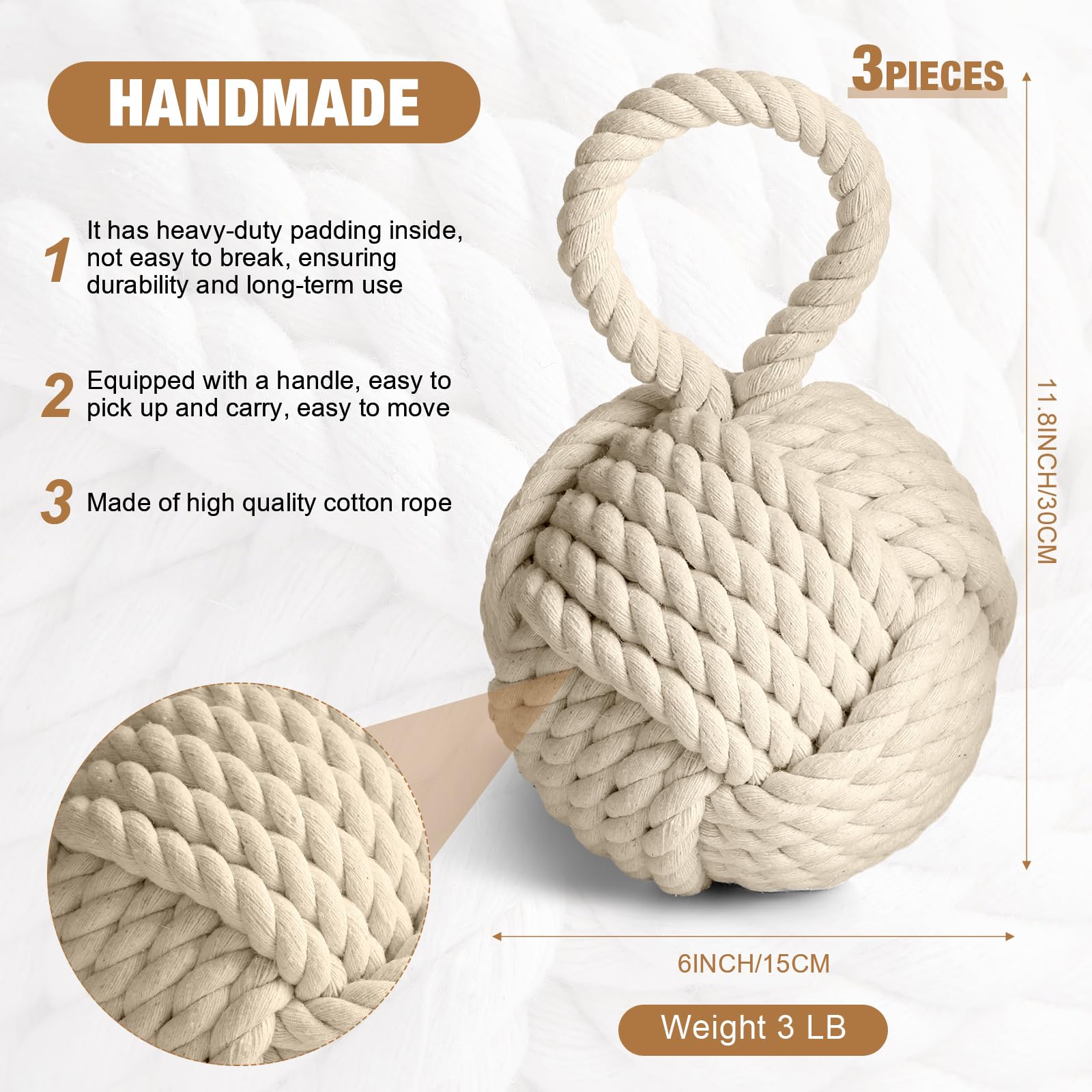 Tenceur 3 Pcs 3 Lbs Decorative Door Stop Rope Knot with Handle 6 Inch Nautical Fabric Door Stopper Twisted Knot Cotton Weighted Interior Doorstop for Door Window Bookend Dog Toys, Ivory