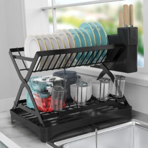 2-tier dish drying rack, multifunctional dish rack for kitchen counter, rustproof kitchen dish drying rack,space-saving dish drying rack with utensil holder,cups holder,extra drying mat,large-capacity