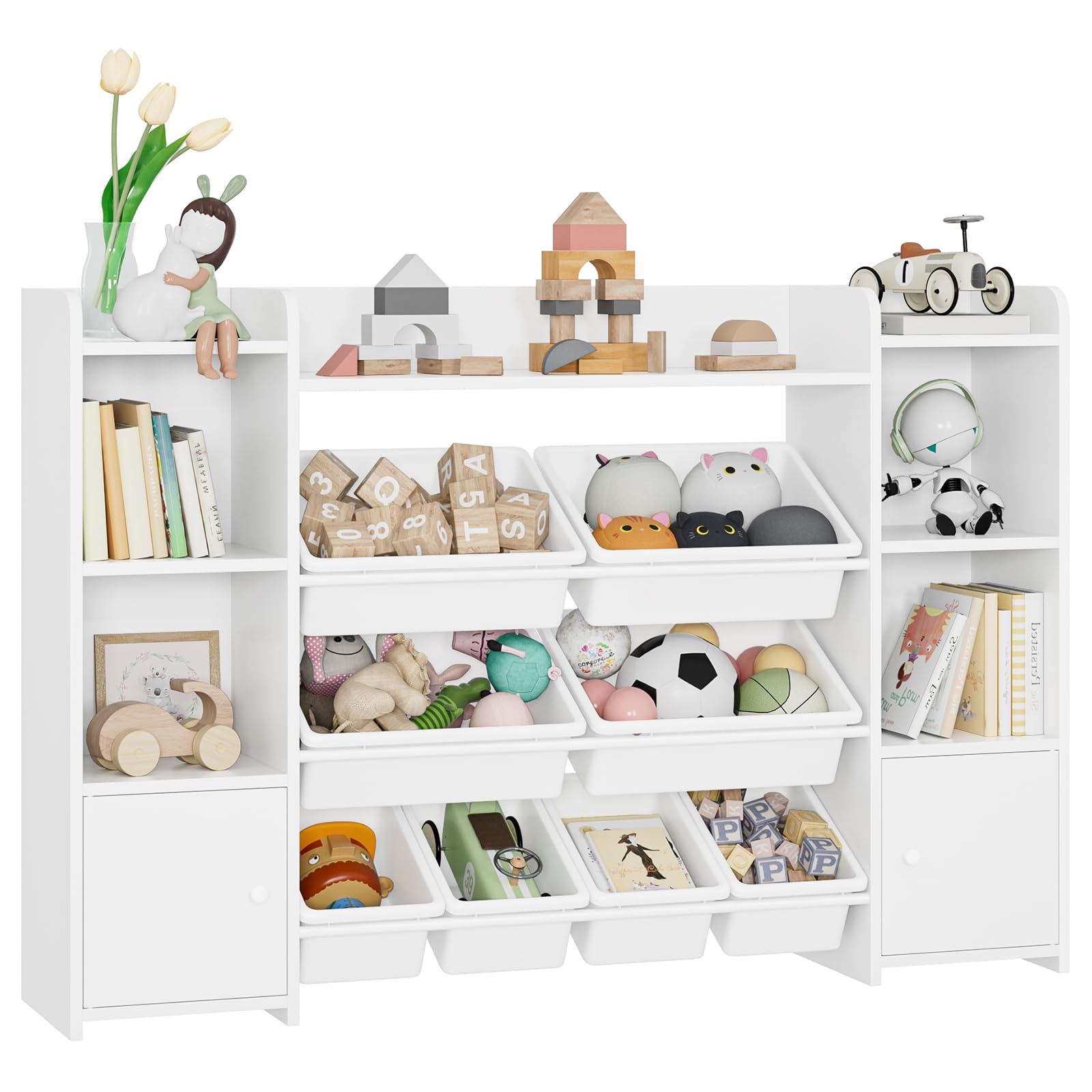 FOTOSOK 55''Large Toy Storage Organizer with 8 Toy Bins, Toy Organizers and Storage with Shelf and 6 Storage Cubbies, Bookshelf for Kids, Playroom Organization and Storage Bins, White